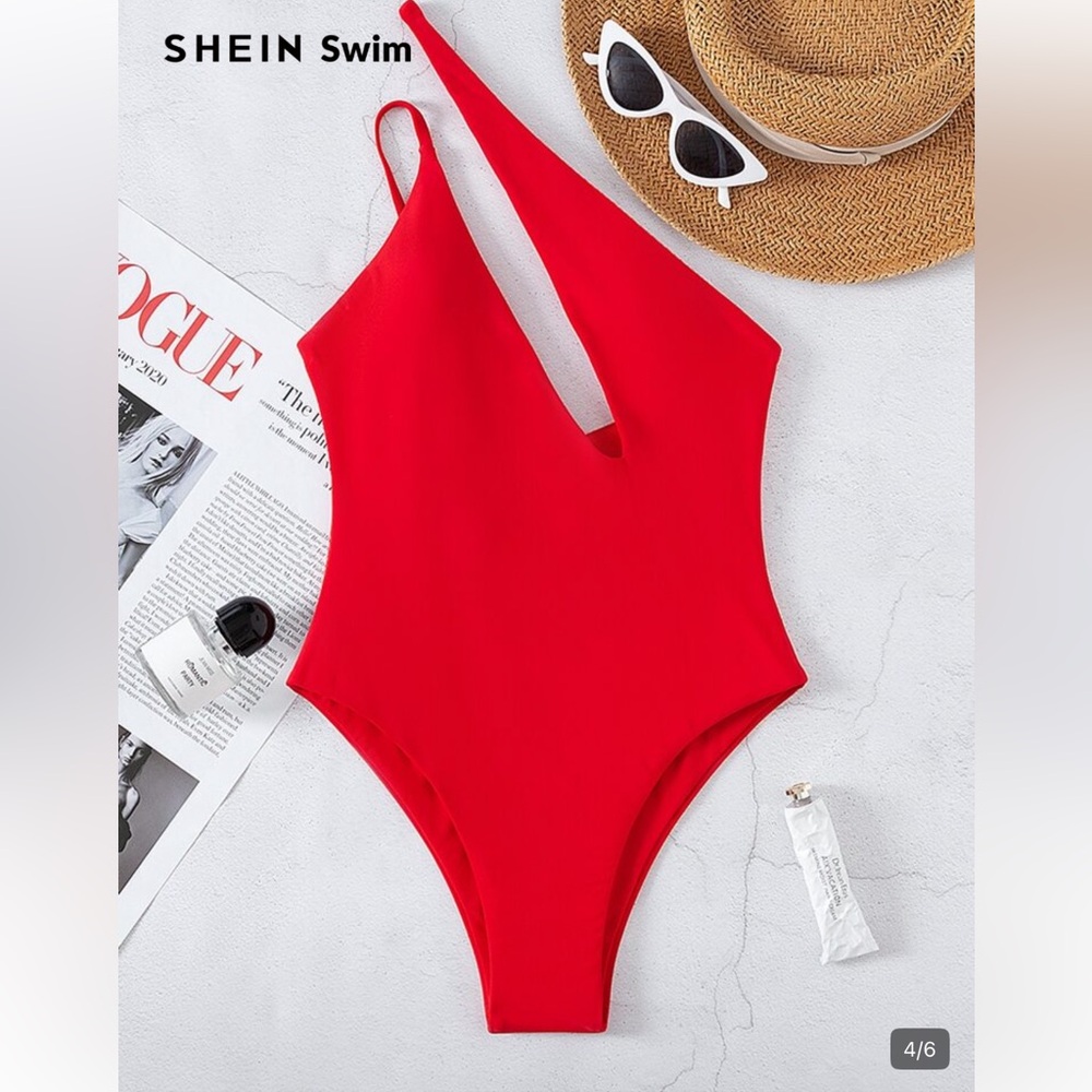 SHEIN Red One-Shoulder Deep V One-Piece Swimsuit - Picture 2 of 6